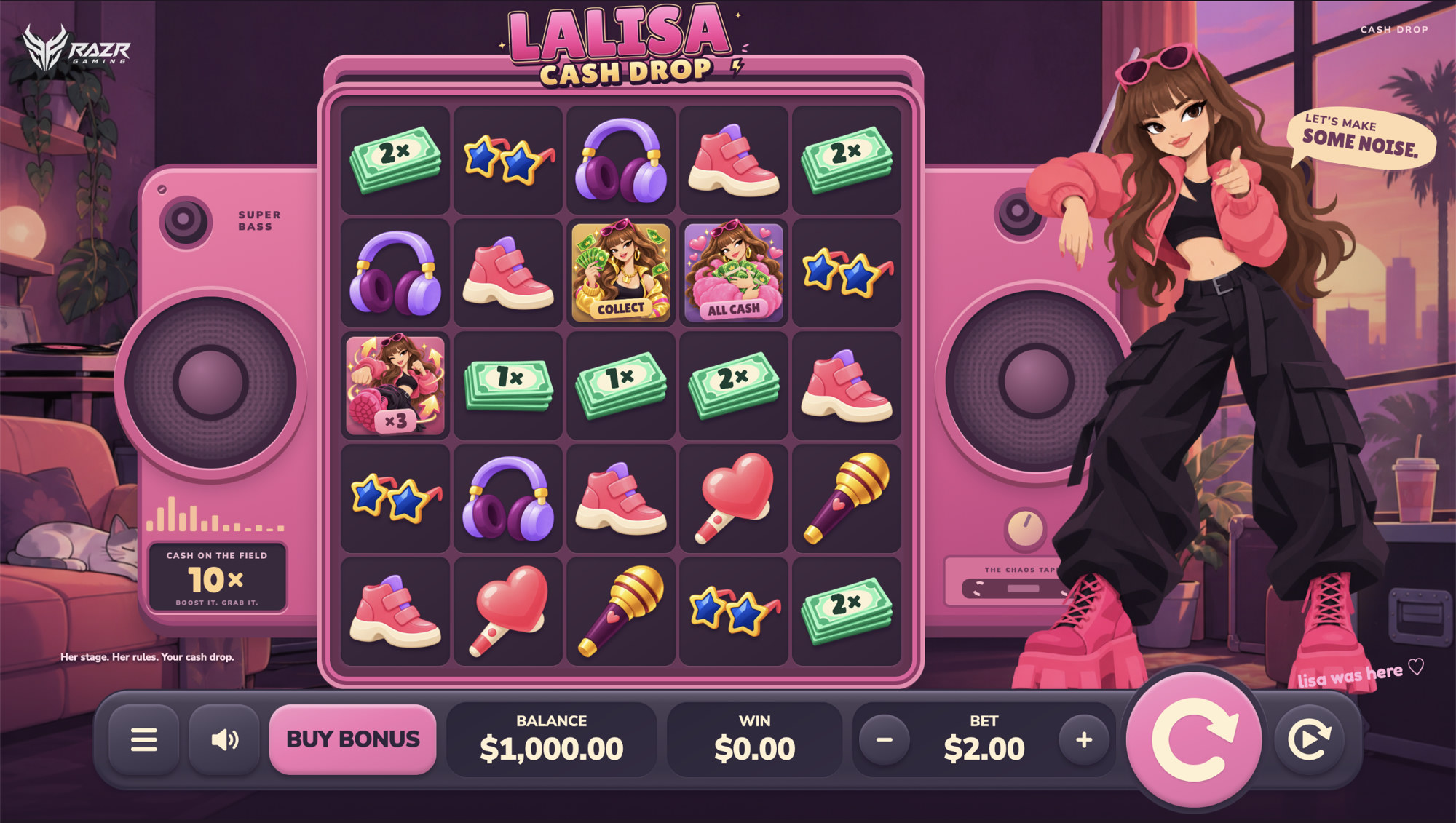 Lalisa Cash Drop: a 5x5 cash-drop slot with Lisa on a pink stage